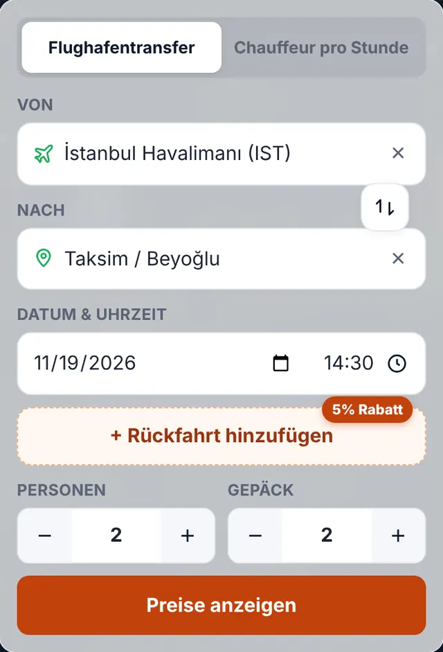 Screenshot unseres Buchungsformulars: Strecke, Datum und Fahrgäste wählen