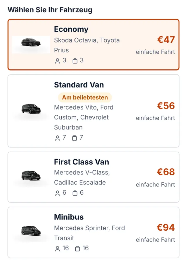 Screenshot unseres Buchungsformulars: Fahrzeug wählen und Festpreis sehen