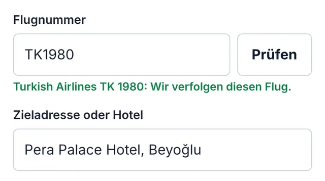 Screenshot unseres Buchungsformulars: Flugnummer und Adresse eingeben