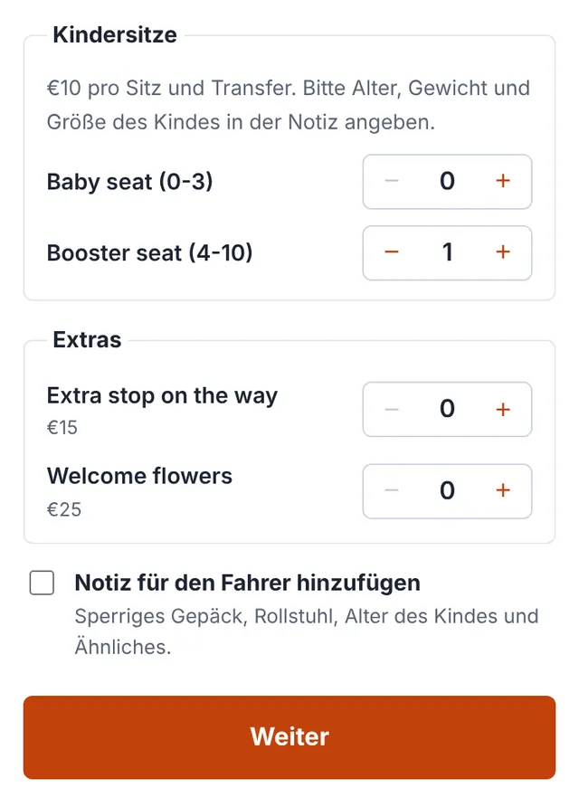 Screenshot unseres Buchungsformulars: Kindersitze, Extras und eine Notiz für den Fahrer