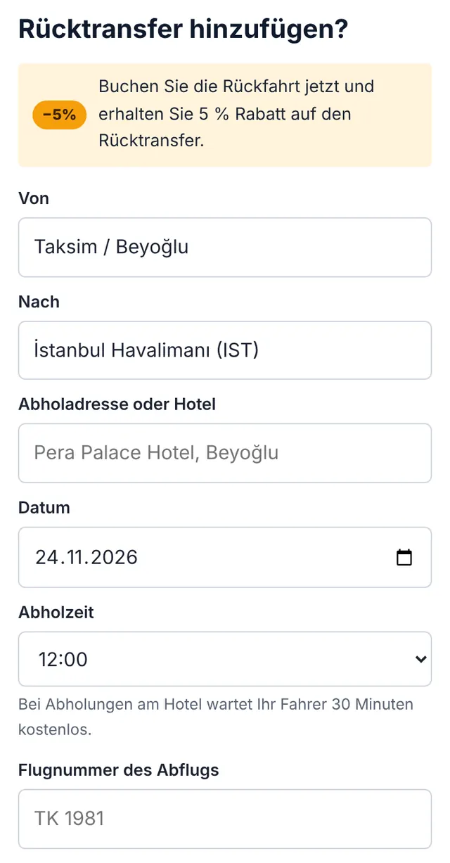 Screenshot unseres Buchungsformulars: Rückfahrt hinzufügen oder überspringen
