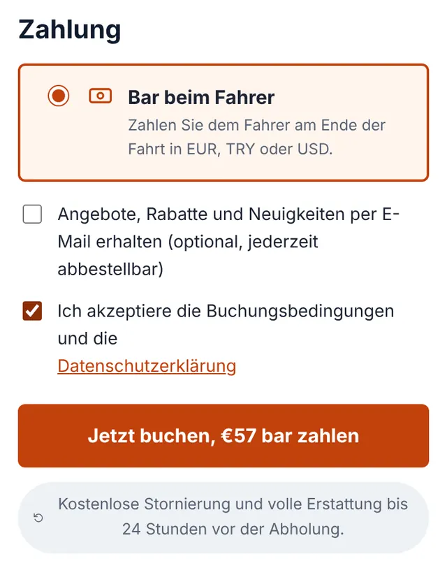 Screenshot unseres Buchungsformulars: Übersicht prüfen und Buchung absenden