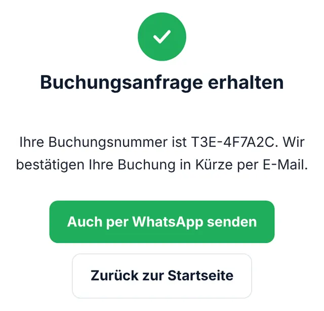 Screenshot unseres Buchungsformulars: Ihre Buchungsanfrage ist eingegangen