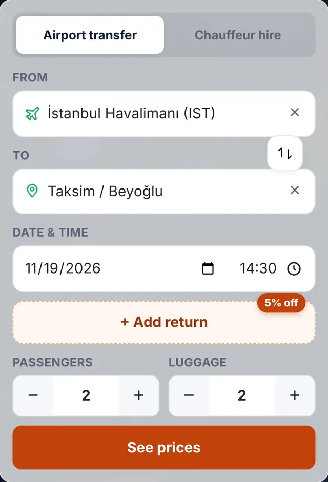 Screenshot of our booking form: Choose your route, date and passengers