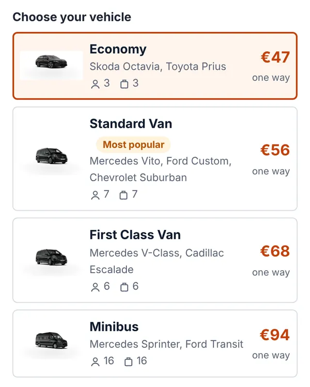 Screenshot of our booking form: Pick your vehicle and see the fixed price