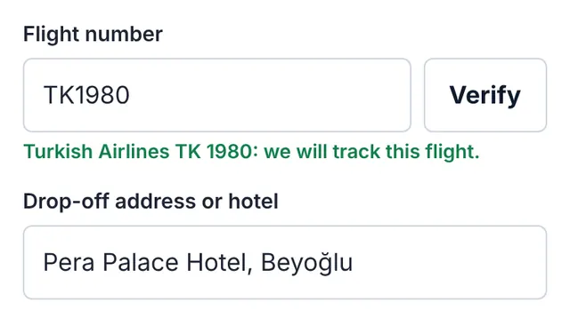 Screenshot of our booking form: Add your flight number and address