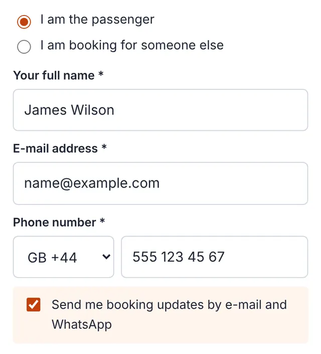 Screenshot of our booking form: Tell us who is travelling
