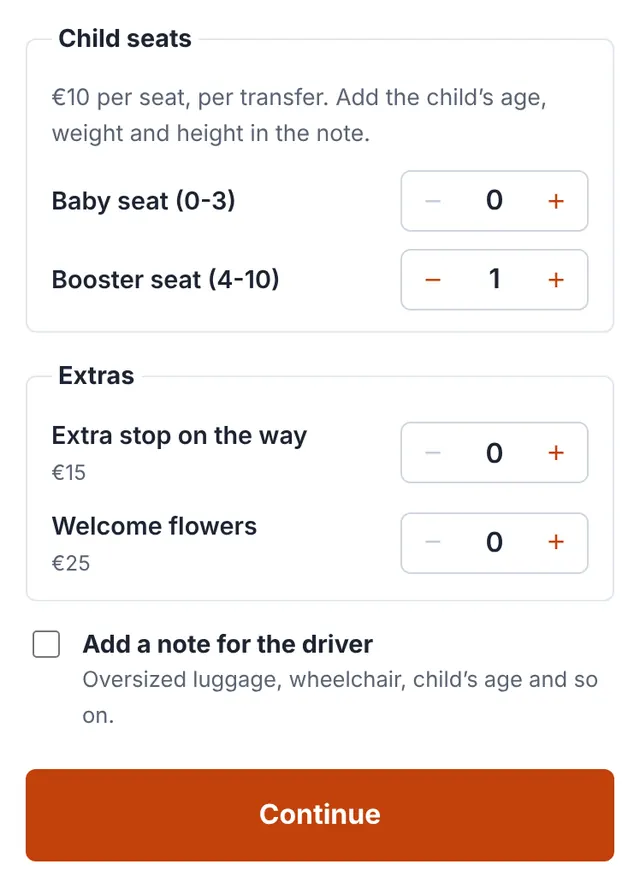 Screenshot of our booking form: Child seats, extras and a note for the driver