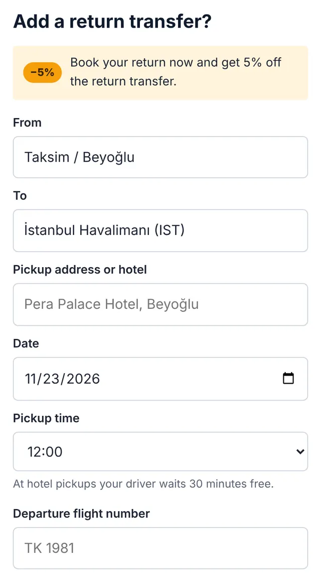 Screenshot of our booking form: Add the way back, or skip it