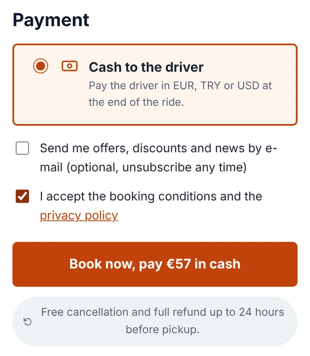 Screenshot of our booking form: Check the summary and send your booking