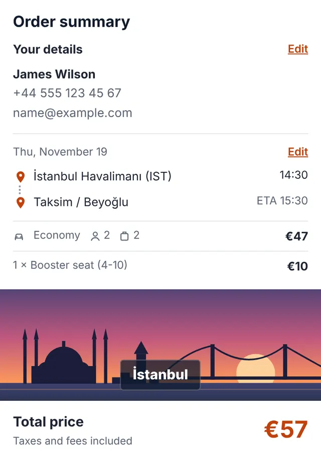 Screenshot of our booking form: Check the summary and send your booking