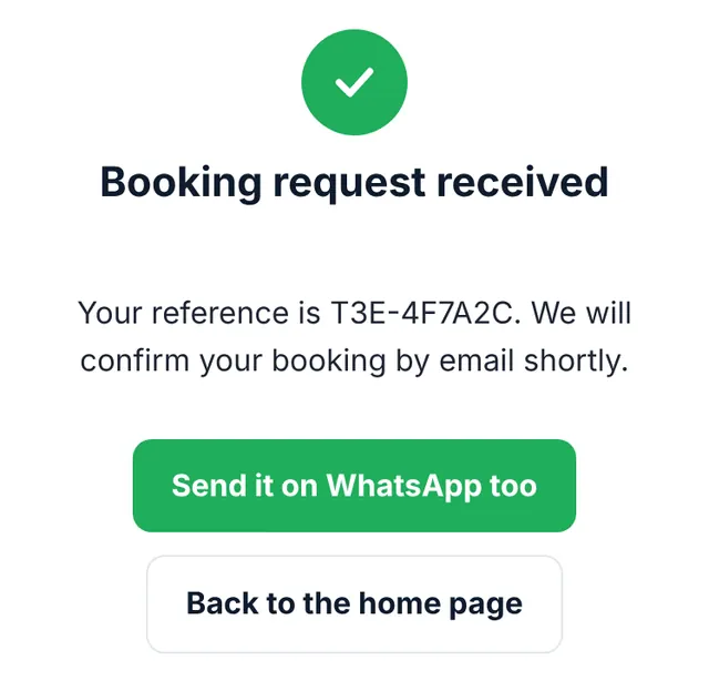 Screenshot of our booking form: Your booking request is received