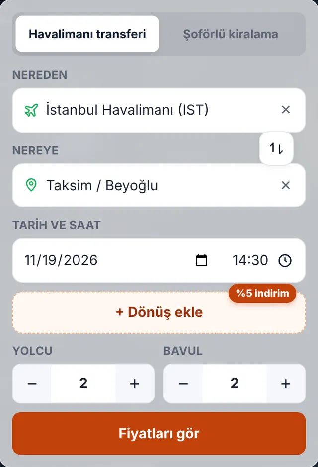 Rezervasyon formumuzun ekran görüntüsü: Güzergâhınızı, tarihinizi ve yolcu sayısını seçin