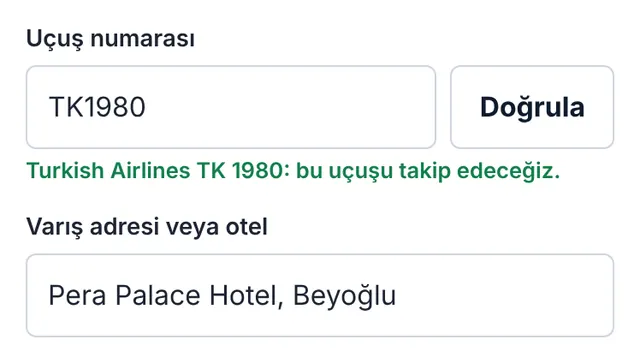 Rezervasyon formumuzun ekran görüntüsü: Uçuş numaranızı ve adresinizi ekleyin