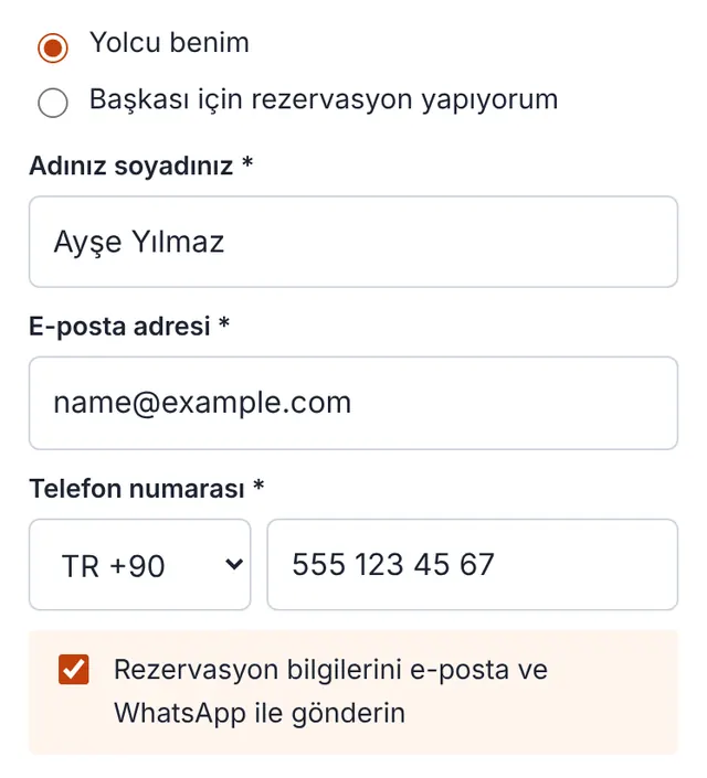 Rezervasyon formumuzun ekran görüntüsü: Kimin yolculuk ettiğini yazın