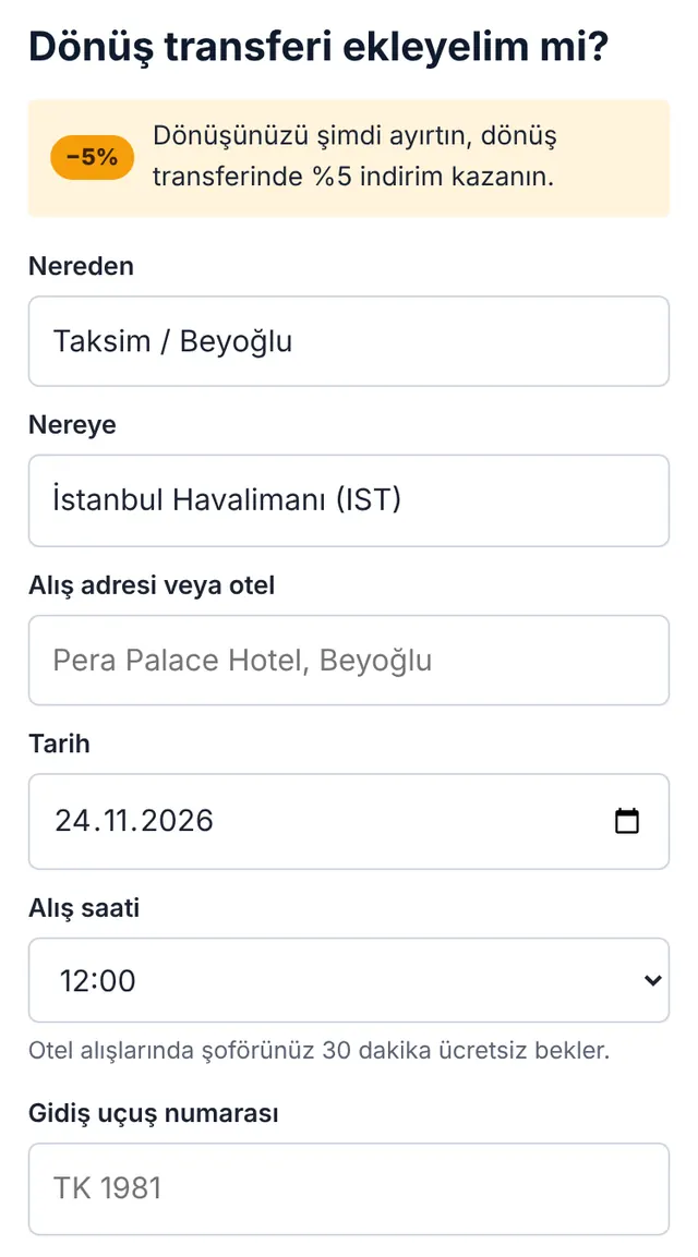 Rezervasyon formumuzun ekran görüntüsü: Dönüşü ekleyin ya da atlayın