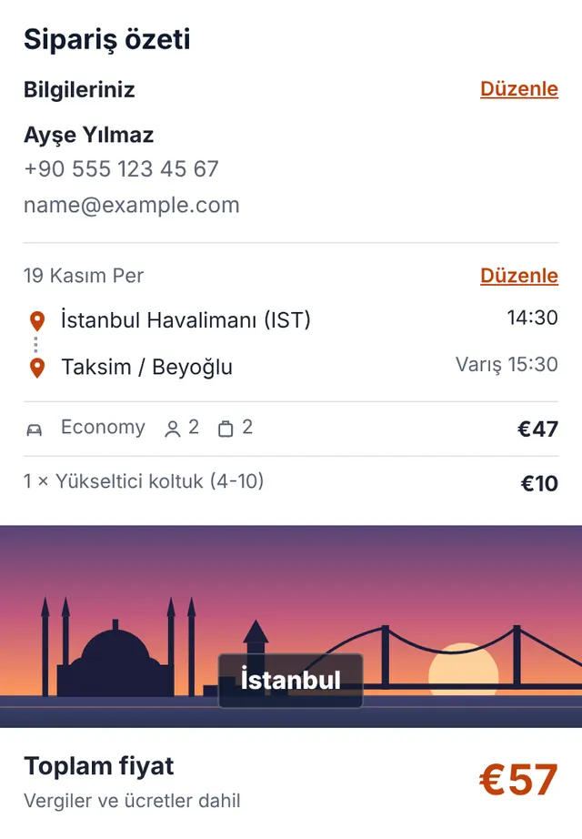 Rezervasyon formumuzun ekran görüntüsü: Özeti kontrol edip rezervasyonunuzu gönderin