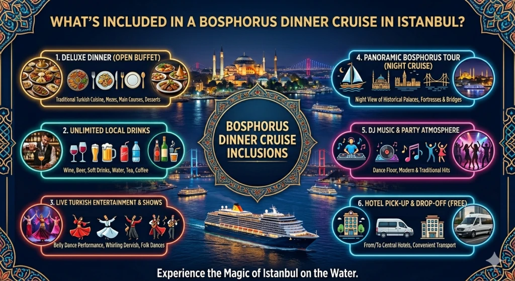 Apa yang Termasuk dalam Makan Malam Kapal Pesiar Bosphorus di Istanbul?
