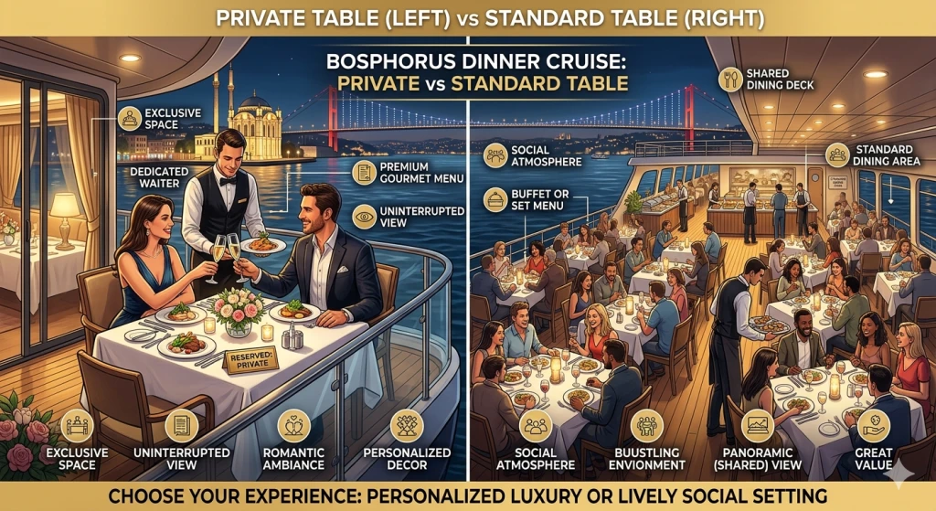 Mesa Privada vs Mesa Estándar en un Crucero por el Bósforo