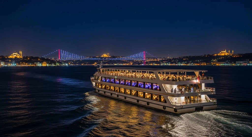 Pelayaran Makan Malam Terbaik di Bosphorus di Istanbul: Pemandangan Malam, Bersantap, dan Pertunjukan Langsung